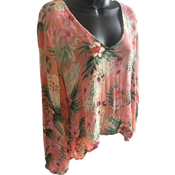 Boho Floral Blouse Pink Tropical Print Live 4 Truth Top Women’s S Crinkle V-Neck - Picture 3 of 5